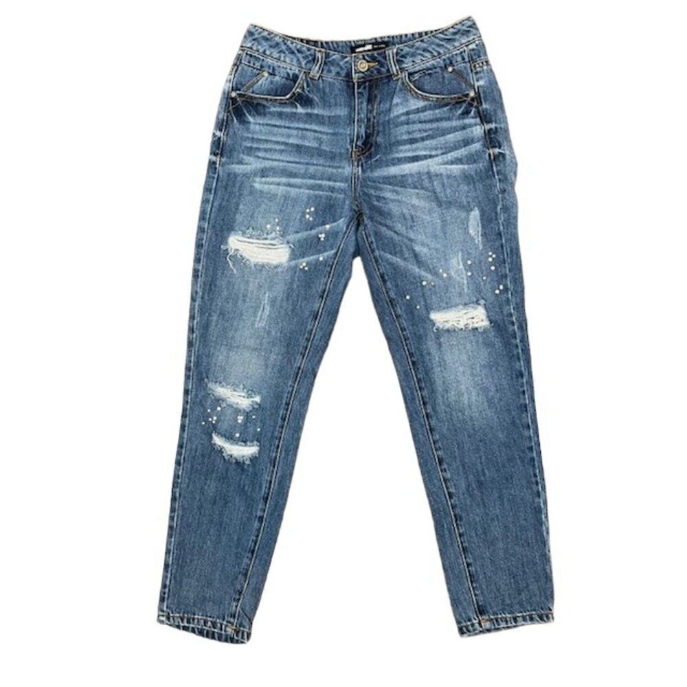 Etam WEEKEND Pearl‎ Rhinestone Embellished Relaxed Jeans Distressed Blue 29